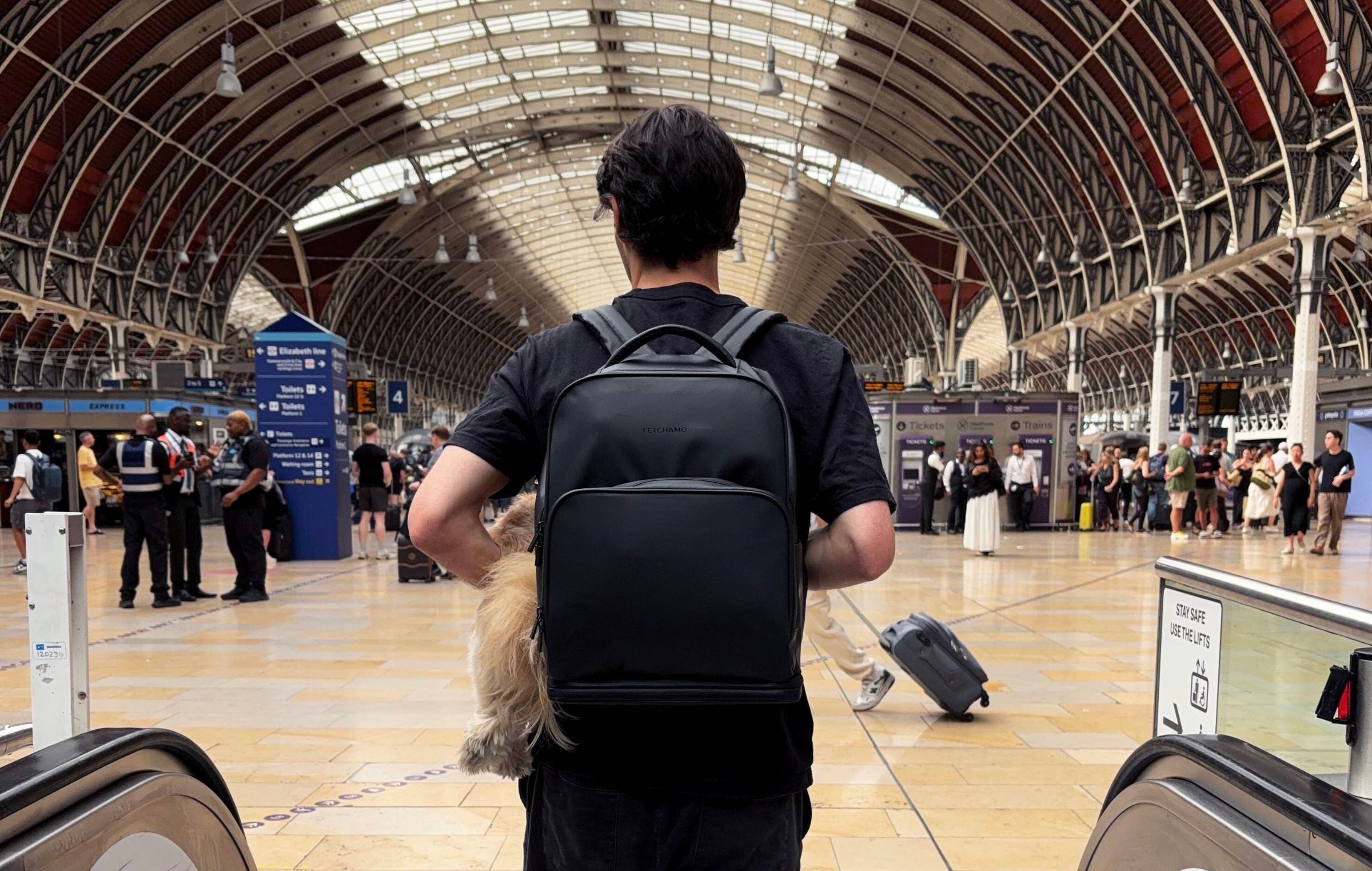 Man wearing the Fetchamo Core Backpack with his dog at Paddington Station, walking off an escalator beneath the station’s distinctive roof architecture.