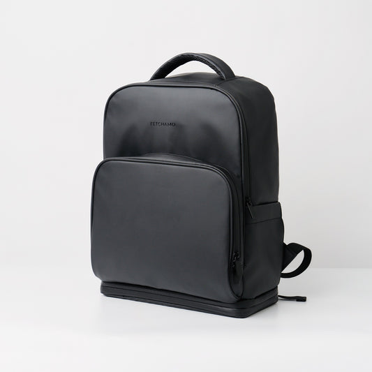 Black Fetchamo Core Backpack for dog owners shown from an angled front view.