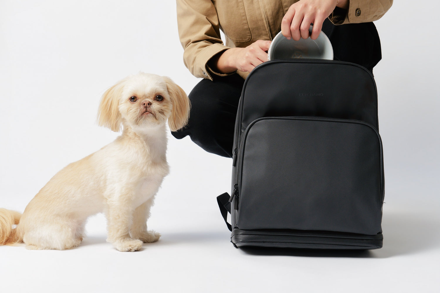 Person packing a dog bowl into the black Fetchamo Core Backpack beside a small Shih Tzu dog.