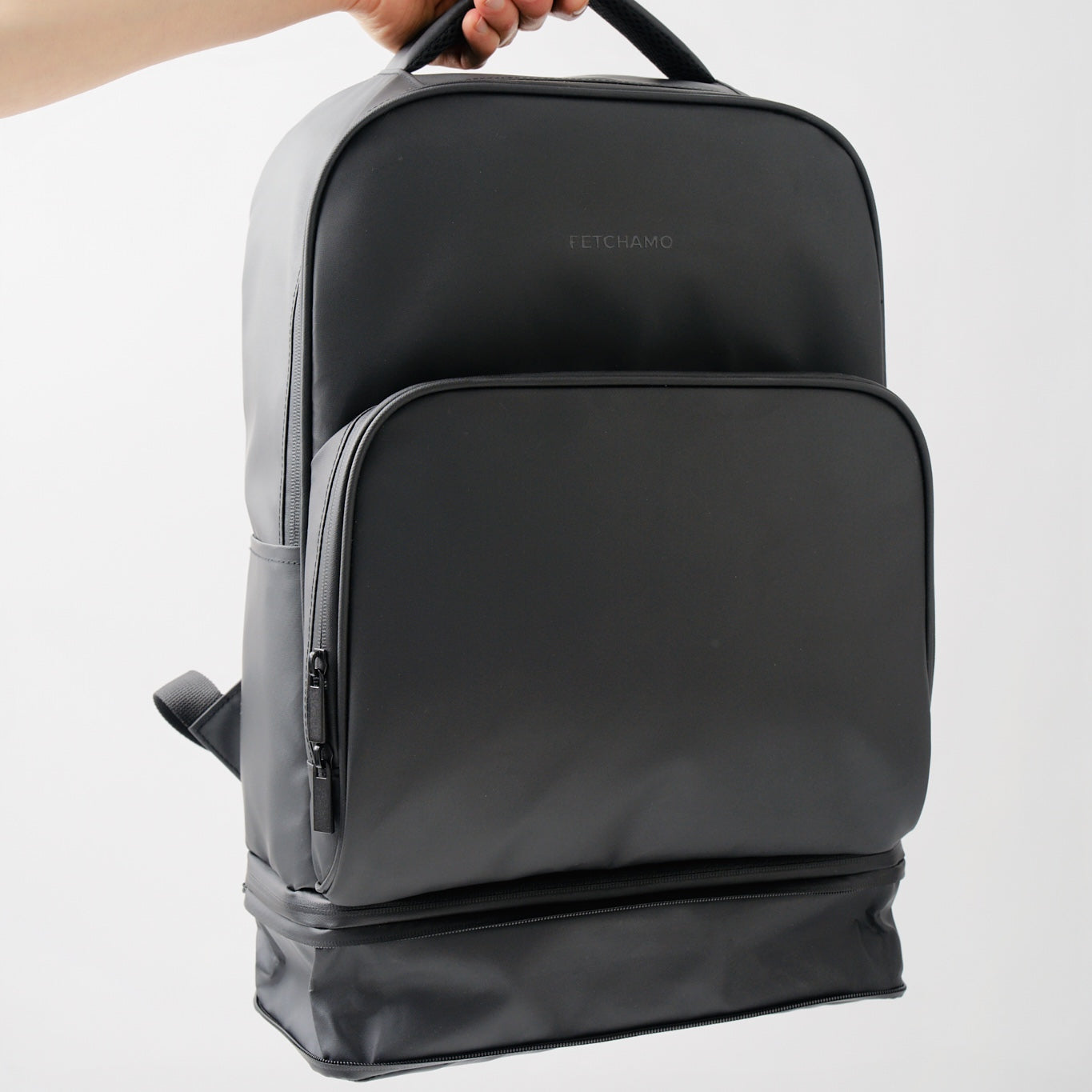 fetchamo Core backpack for dog owners – fully expanded with all compartments open