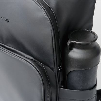 fetchamo Core backpack for dog owners – close-up of material finish and side bottle holder